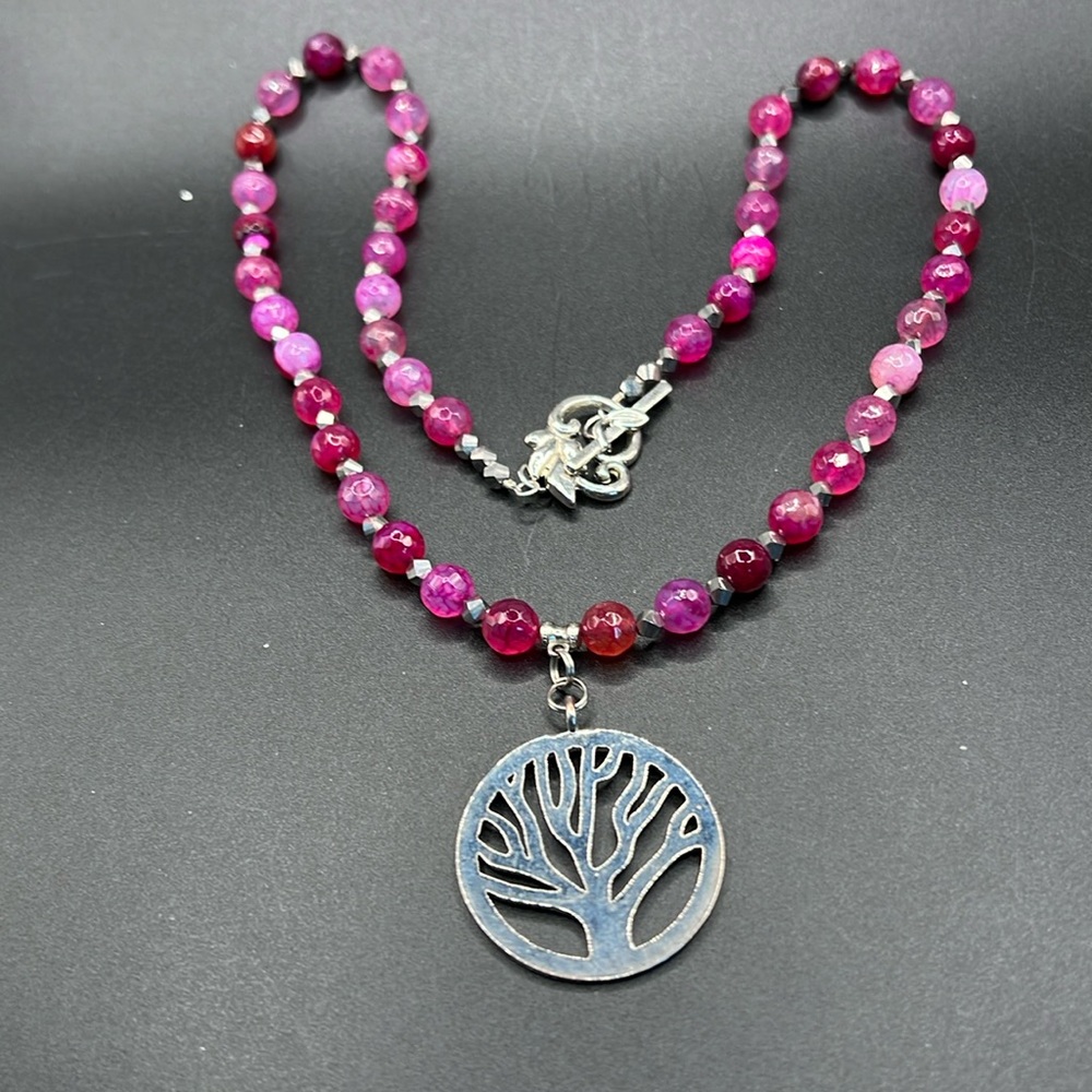 Red and pink beaded Tree of Life necklace